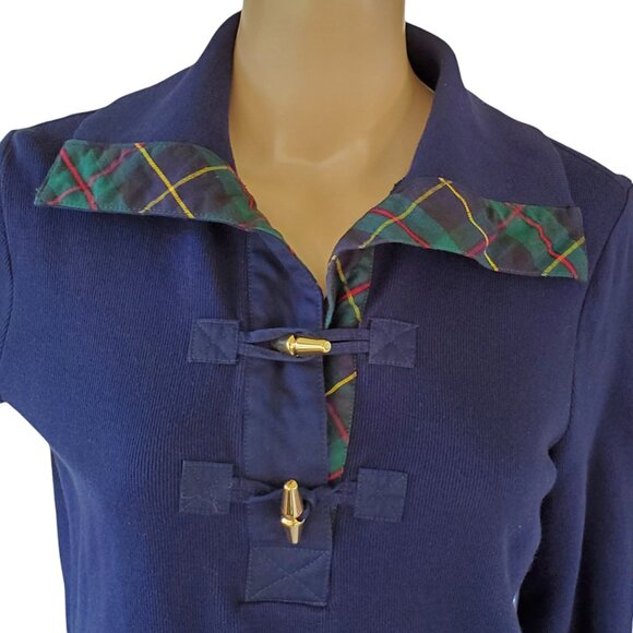 Ralph Lauren Sweater Womens M Knit Pullover Navy Blue Plaid Accent Toggle Button - Picture 6 of 12